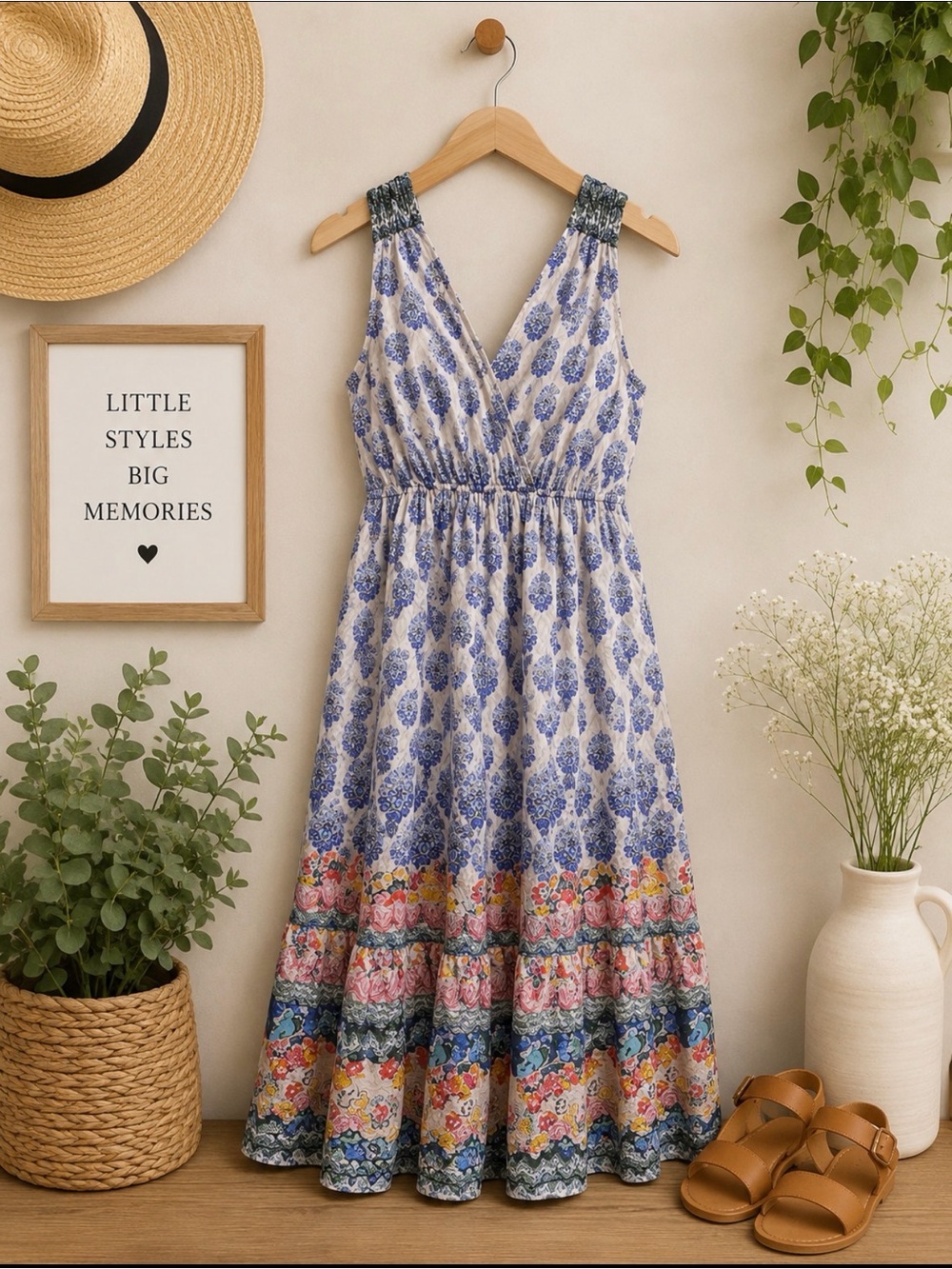 Anthropologie Blue and Orange Floral gathered Maxi Dress size XS
